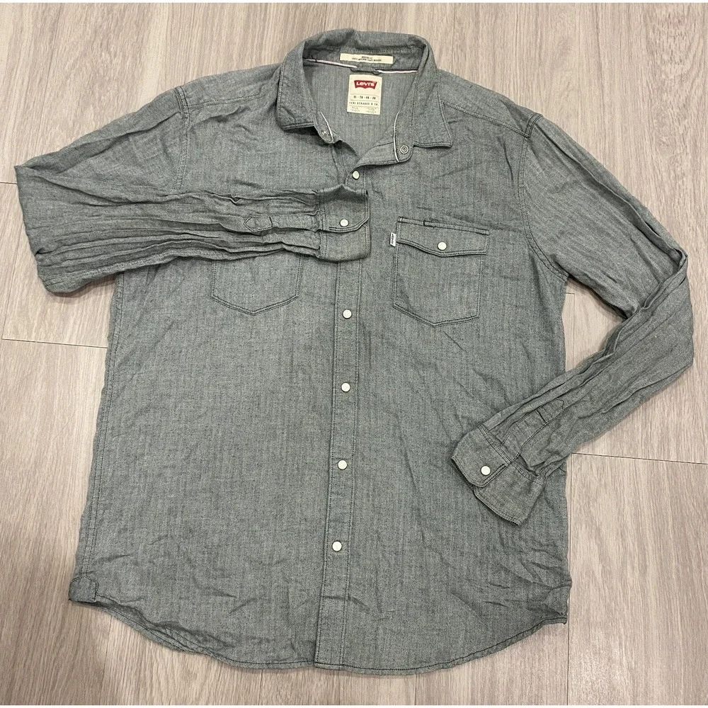 Levi's Shirt Men's Extra Large XL Long‎ Sleeve Pearl Snap Denim Green Soft